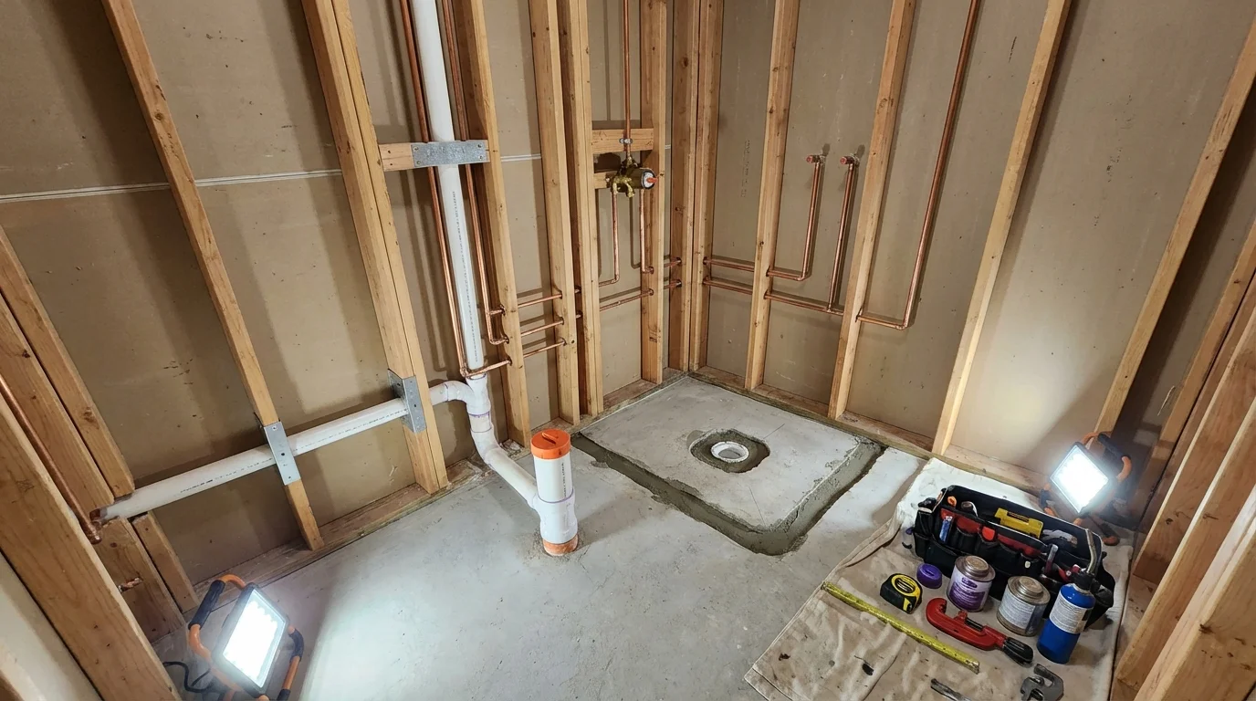 Bathroom rough-in plumbing during remodel by Johns Plumbing LLC in Ranson